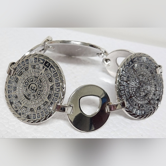 Aztec Calendar Silver Disc Bracelet VINTAGE - Picture 5 of 16